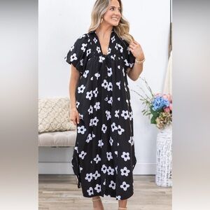Black and White Floral Smock Detail Midi Dress
